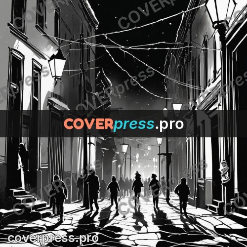 Digital illustration: night street with street lamps