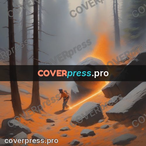 Digital illustration: orange fire among grey stones