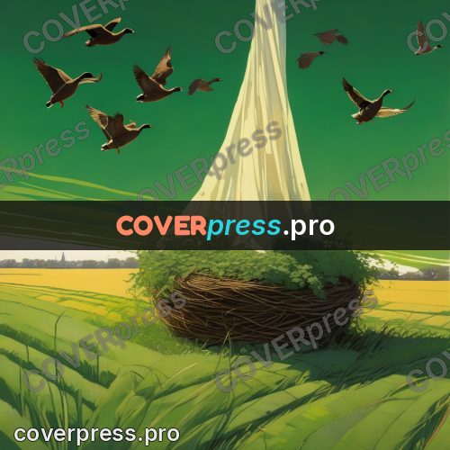 Digital illustration: geese in a green field