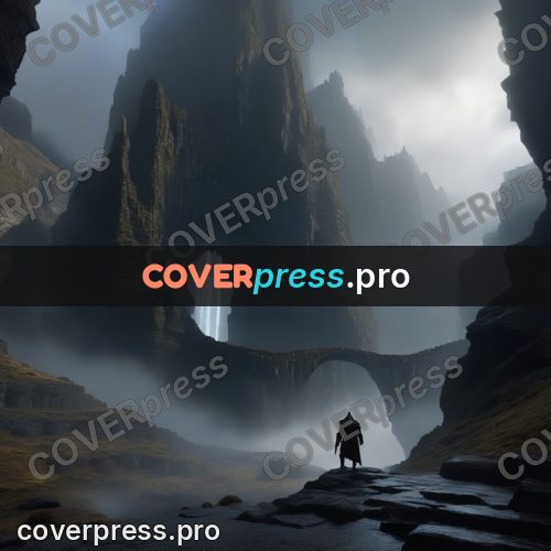 Digital illustration: figure in a dark gorge