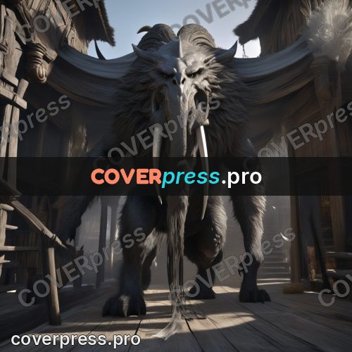 Digital illustration: giant beast in a village