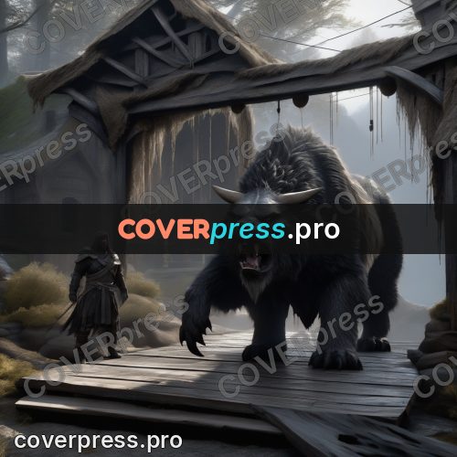 Digital illustration: giant beast in a village