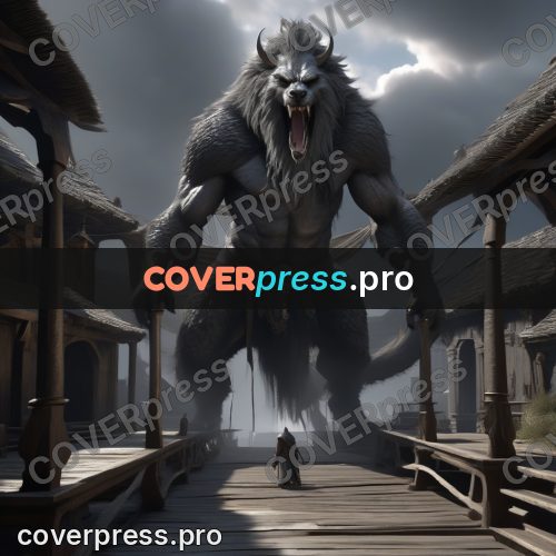 Digital illustration: giant beast in a village
