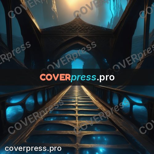 Digital illustration: blue bridge with arches