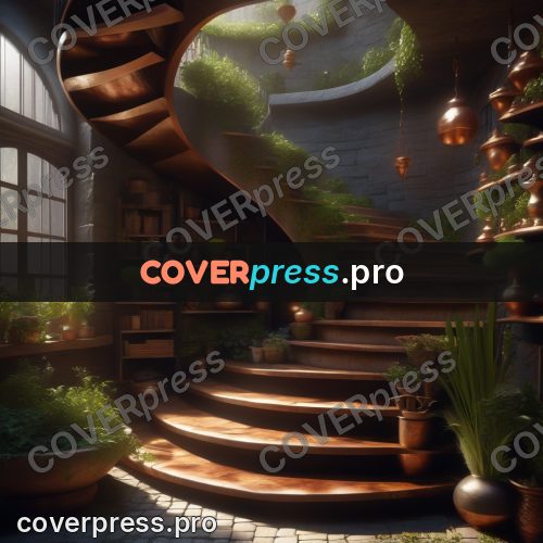Digital illustration: spiral staircase among green plants