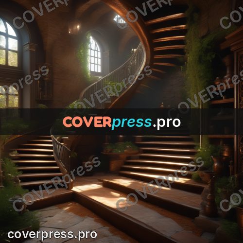 Digital illustration: spiral staircase among green plants