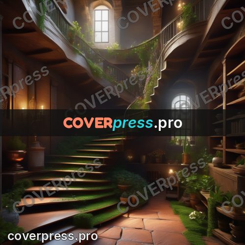 Digital illustration: spiral staircase among green plants