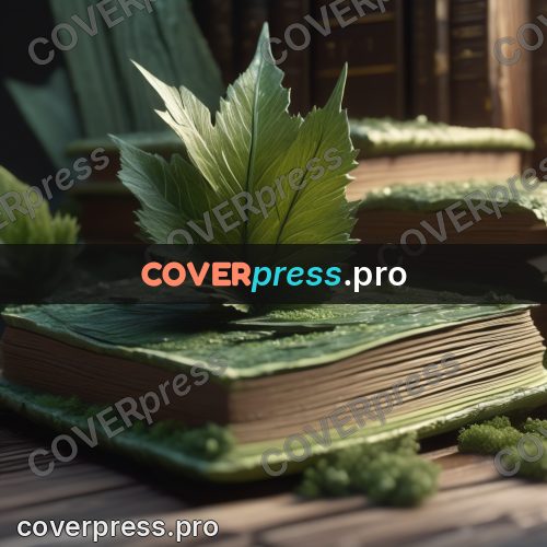 Digital illustration: book and a green leaf