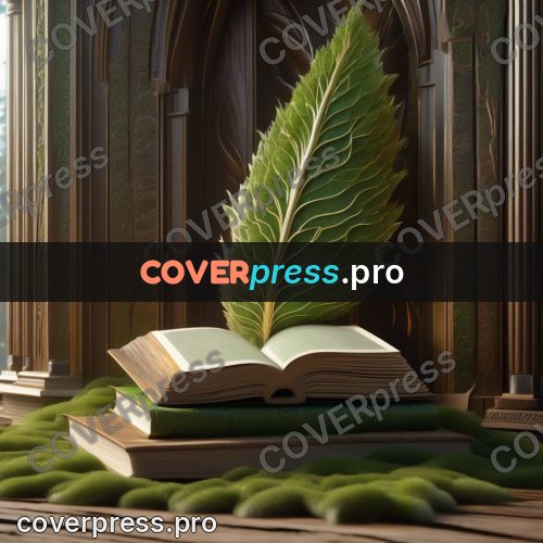Digital illustration: book and a green leaf