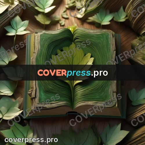 Digital illustration: book and a green leaf
