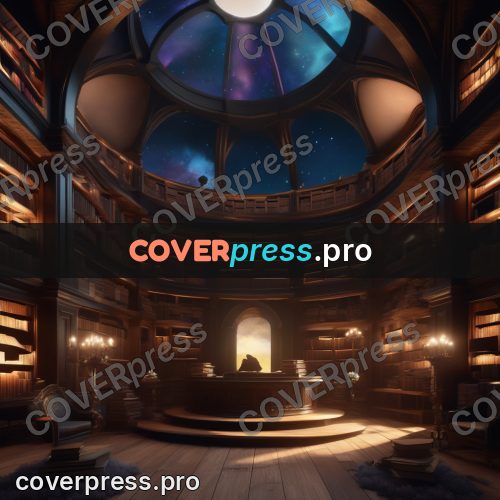 Digital illustration: bookshelves under a domed ceiling