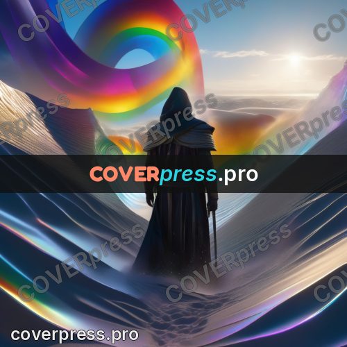 Digital illustration: figure before a rainbow wave