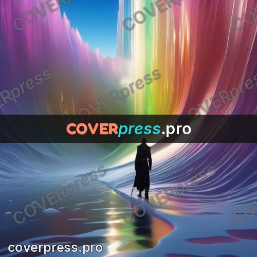 Digital illustration: figure before a rainbow wave