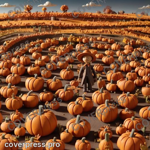 В стиле Лепные миниатюры: поле с рядами круглых тыкв, посередине лепное пугало в простом коричневом пальто