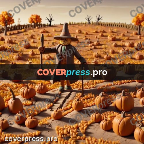 Clay figurine: pumpkin field with a scarecrow
