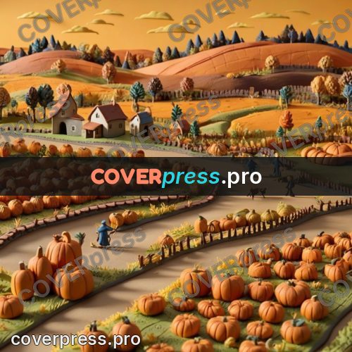 Clay figurine: pumpkin fields by a farm