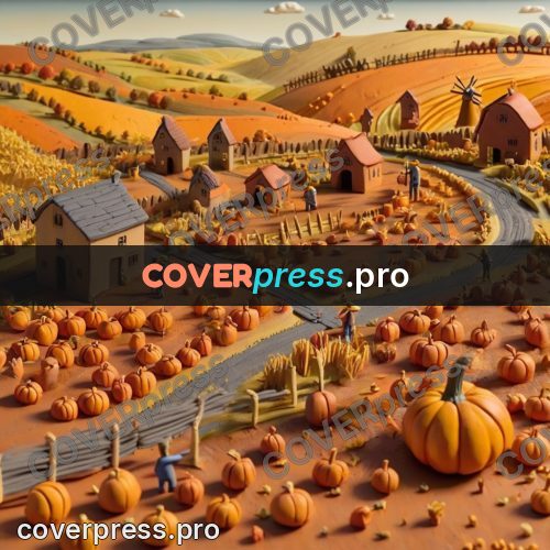 Clay figurine: pumpkin fields by a farm