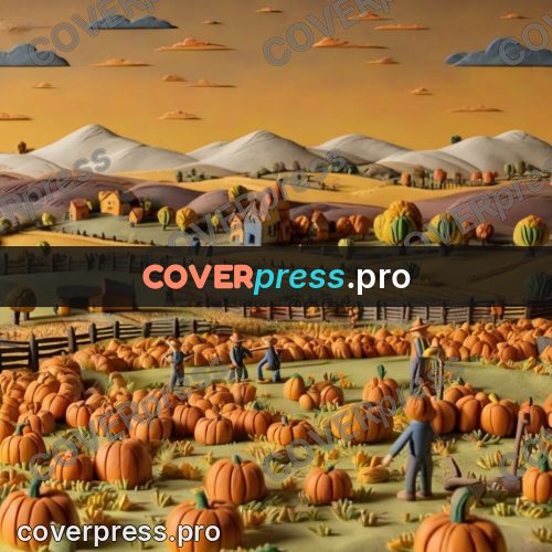 Clay figurine: pumpkin fields by a farm