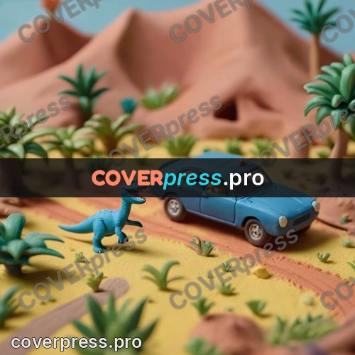 Clay figurine: dinosaur beside a car