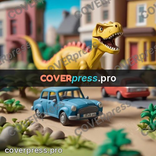 Clay figurine: dinosaur beside a car