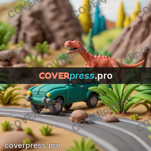 Clay figurine: dinosaur beside a car