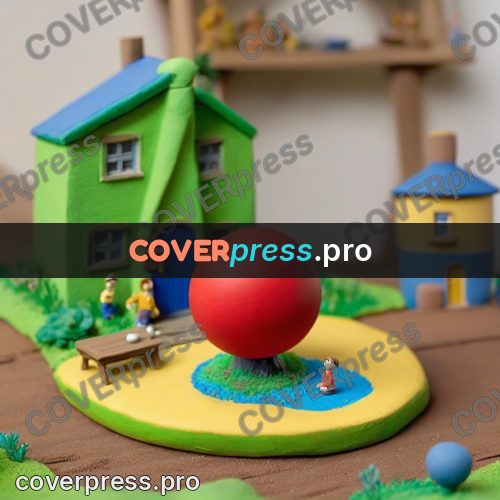 Clay figurine: red ball by a green house