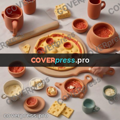 Clay figurine: pizza and dishes on a table