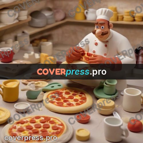 Clay figurine: pizza and dishes on a table