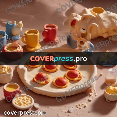 Clay figurine: pizza and dishes on a table