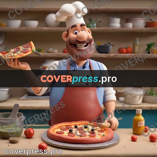 Clay figurine: chef holding a pizza up