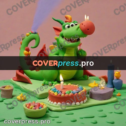 Clay figurine: dragon by a birthday cake