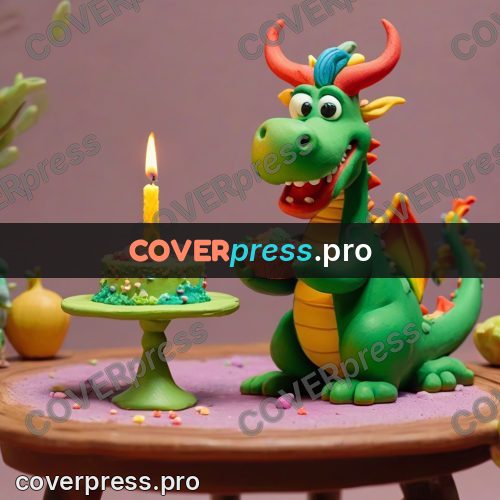 Clay figurine: dragon by a birthday cake