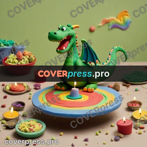 Clay figurine: dragon by a birthday cake