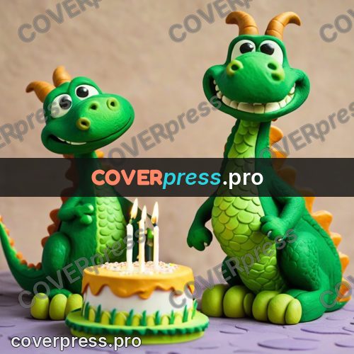 Clay figurine: green dragon by a party cake