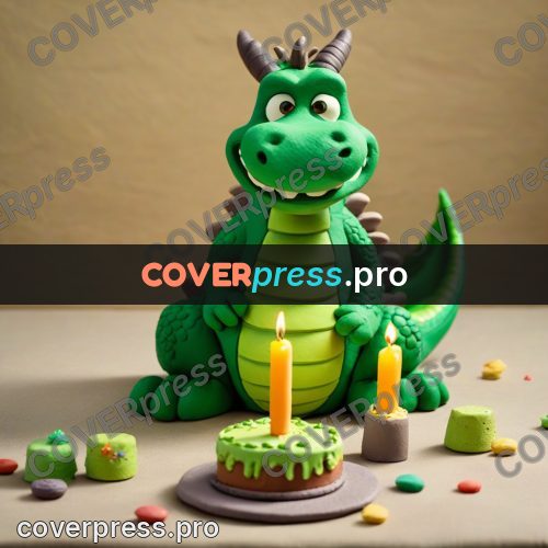 Clay figurine: green dragon by a party cake