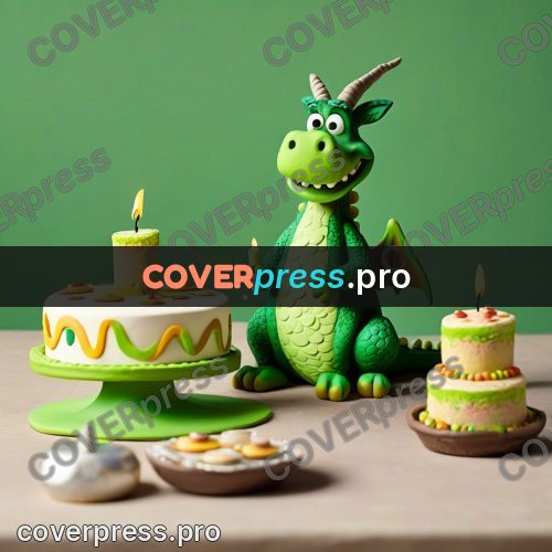 Clay figurine: green dragon by a party cake