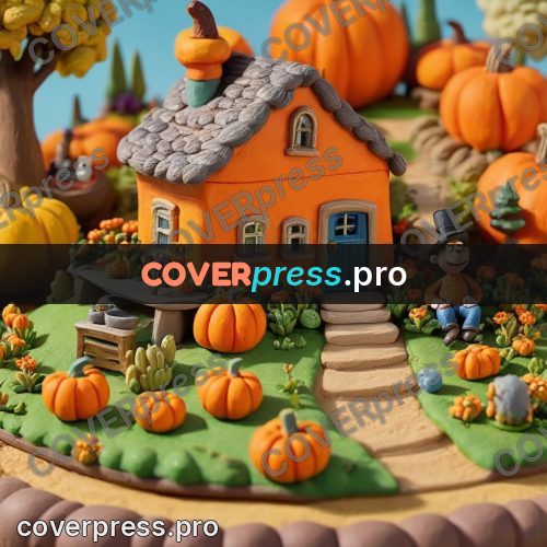 Clay figurine: cottage among orange pumpkins