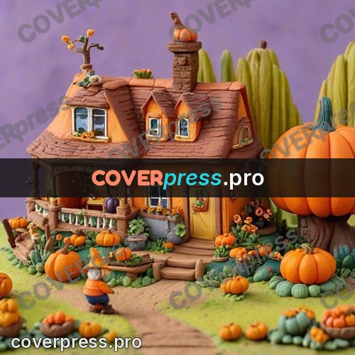 Clay figurine: cottage among orange pumpkins