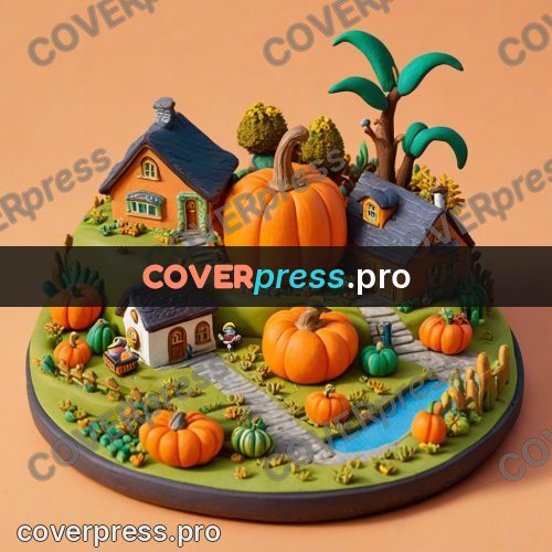 Clay figurine: cottage among orange pumpkins