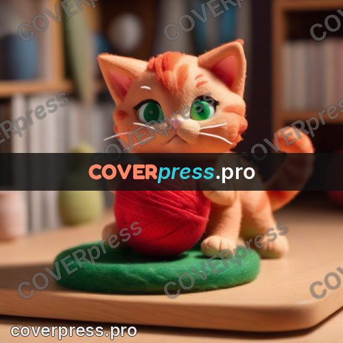 Clay figurine: ginger kitten with red yarn