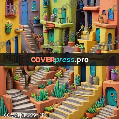Clay figurine: stairs between coloured houses