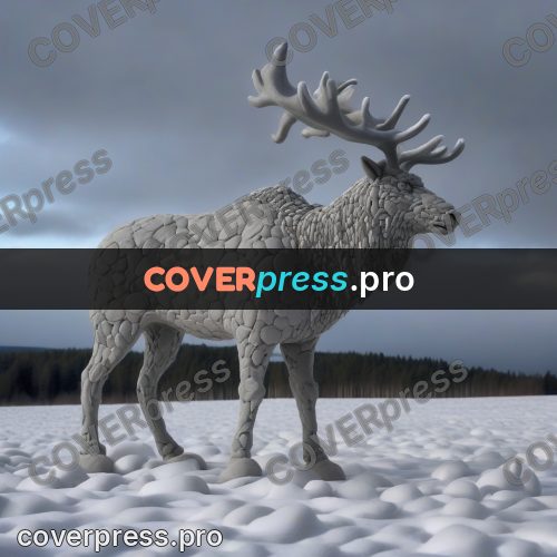 Clay sculpture: grey deer on the snow