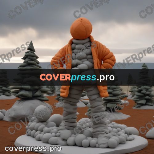 Clay sculpture: figure in an orange coat