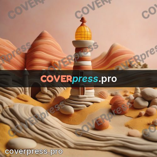 Clay sculpture: striped lighthouse among dunes