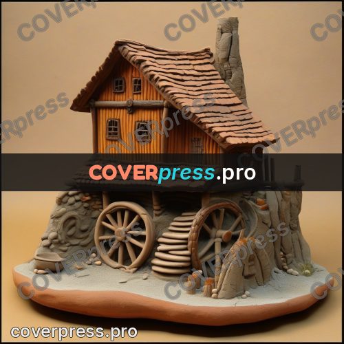 Clay sculpture: house with a water wheel