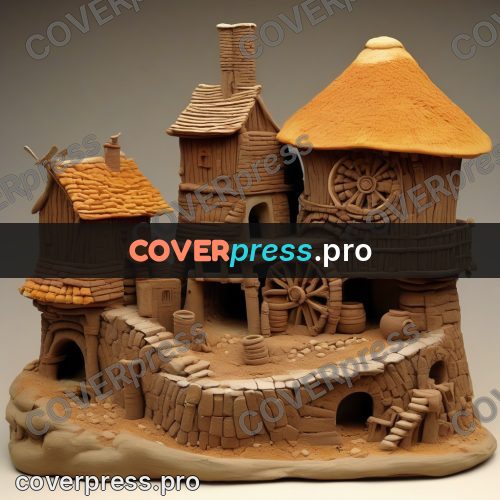 Clay sculpture: house with a water wheel