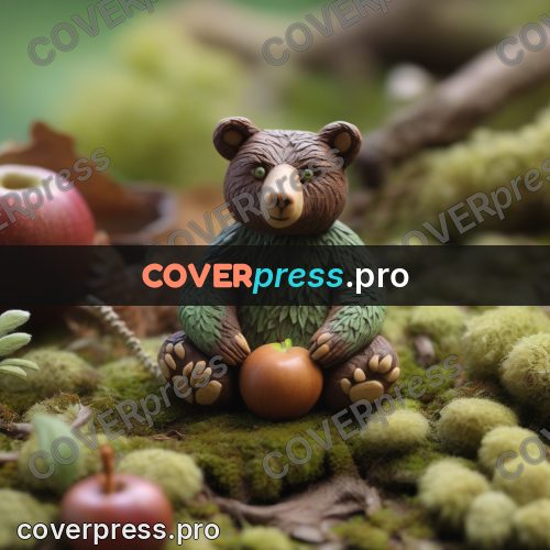 Clay sculpture: bear cub sitting in greenery