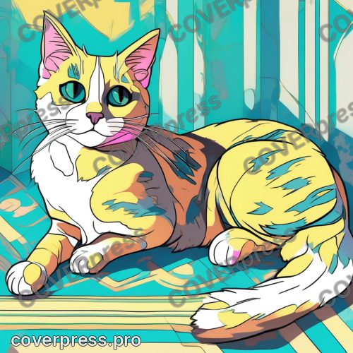 Аниме иллюстрация с заливкой: кот, котёнок и клубок