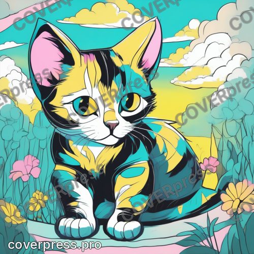 Аниме иллюстрация с заливкой: кот, котёнок и клубок