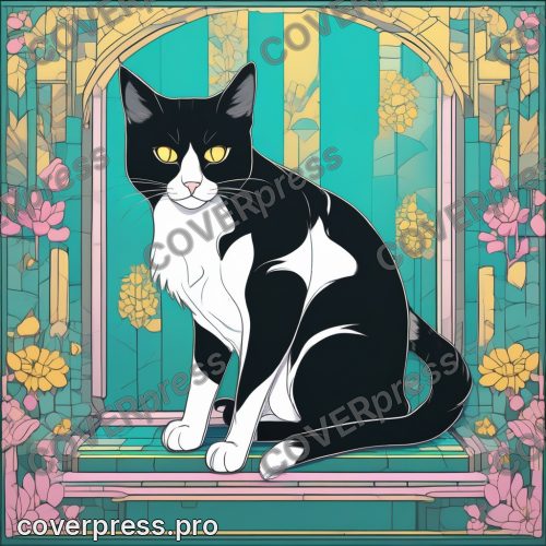 Аниме иллюстрация с заливкой: кот, котёнок и клубок